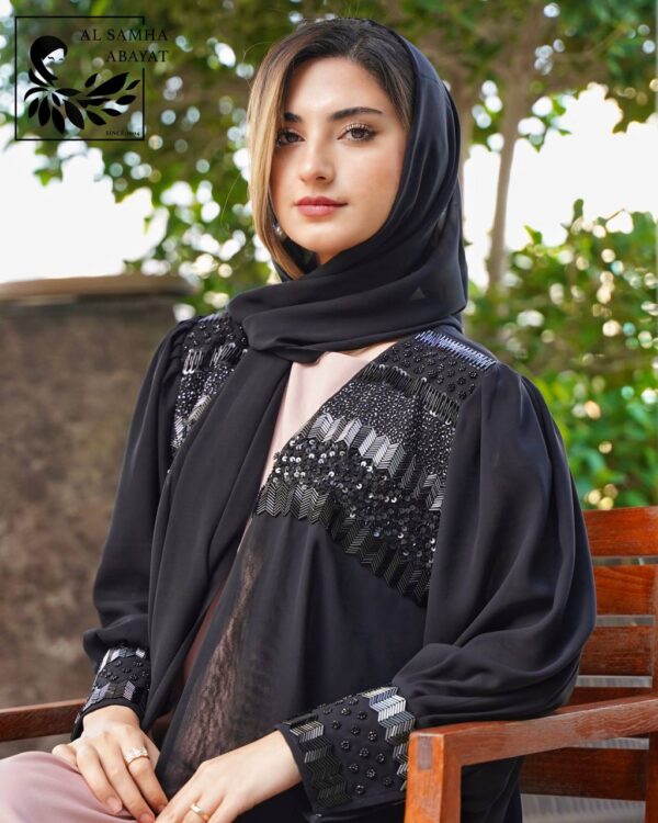 Abaya Double Chiffon Fabric handwork Arrow beads - Image 3